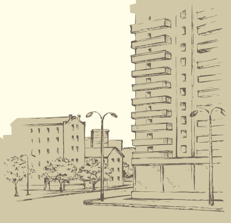 Modern downtown square place with high new edifice and space for text on white sky backdrop. Summer scenic view. Outline ink hand drawn picture sketchy in retro scribble style pen on paperのイラスト素材