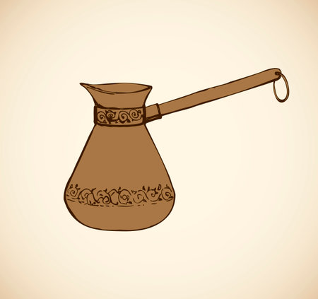 Old kitchen percolator cup with fresh hot aroma brazil chocolate cocoa isolated on white background. Hand drawn picture sketch in art retro graphic engraving style. Closeup and space for textのイラスト素材