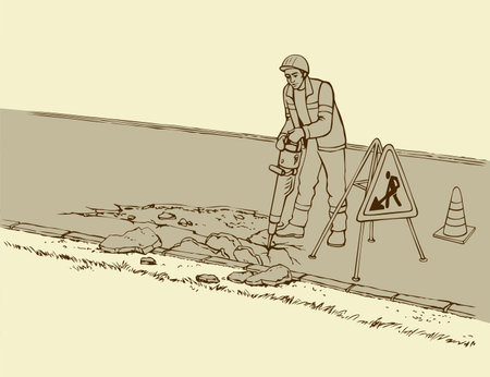 Cartoon labor person in overalls and helmet with jack hammer removes bitumen pothole for autobahn renovation isolated on white background. Hand drawn picture sketch in retro style with space for textのイラスト素材