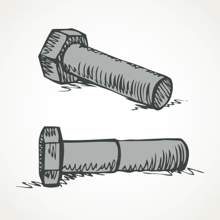 Set of small iron clinchers with spline lay in different angles isolated on white background. Freehand outline ink hand drawn symbol sketchy in art scribble retro style pen on paper. View close-upのイラスト素材