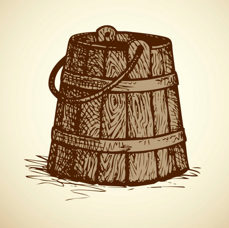 Obsolete traditional woodwork plank keg with metal hoops and handle. Vector monochrome freehand ink drawn background sketchy in scrawl antiquity style of pen on paper with space for textのイラスト素材