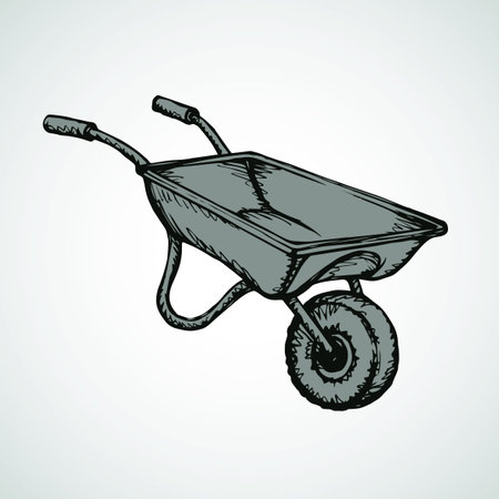 Big modern empty rustic yard wagon wain vehicle isolated on white backdrop. Freehand outline ink hand drawn picture sketchy in art scribble retro style pen on paper. Closeup view with space for textのイラスト素材