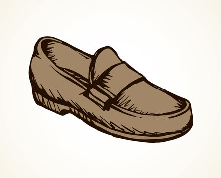 Old classic mocassin isolated on light backdrop. Freehand linear dark ink hand drawn picture emblem sketchy in art scribble retro cartoon style pen on paper. Side close up view with space for textのイラスト素材