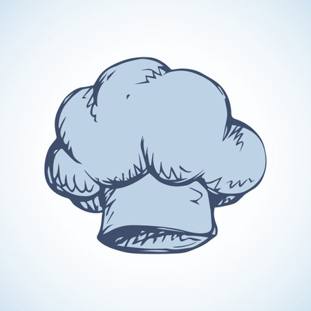 Formal high old kitchen's blanche bonnet design isolated on light backdrop. Outline black ink hand drawn picture sketchy in art doodle retro style pen on paper. Closeup view with space for textのイラスト素材