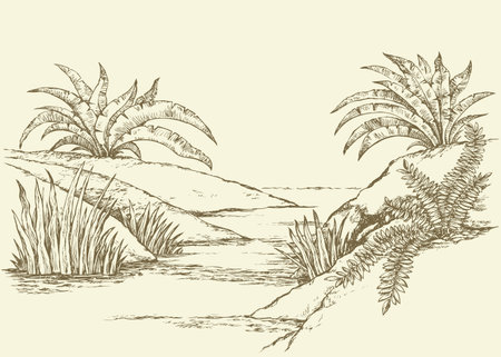 Beautiful mountain trickle drop down gurgling seethe on mount scar knoll with lush shrubs. Vector freehand ink drawn backdrop sketch view in art doddle style pen on paper with space for text on skyのイラスト素材