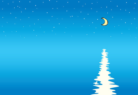 Horizon nightfall summer seawater scenery. Bright cyan color hand drawn scene symbol in modern art comic style. Scenic wild pond border view with copyspace for text on deep moonlit backdrop patternのイラスト素材