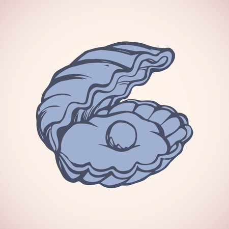Light shiny gem ball perl in nacre scallop snail isolated on white backdrop. Freehand outline ink hand drawn picture sketchy in art scribble retro style pen on paper. Closeup view with space for textのイラスト素材