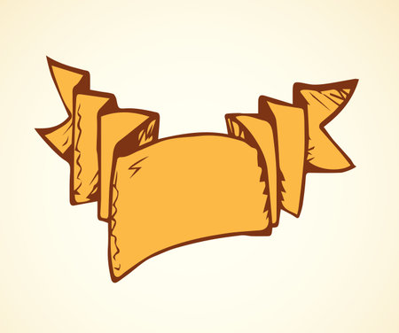 Big old trade curl blank golden romantic title list sheet tape isolated on white backdrop. Outline yellow hand drawn icon sign sketchy in art scribble retro style pen on card and space for textのイラスト素材