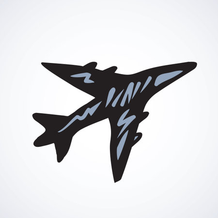 Soaring aerial airliner on clean sky backdrop. modern simple emblem concept. Freehand black ink hand drawn picture sketchy in art retro doodle cartoon contour style pen on paper with space for textのイラスト素材