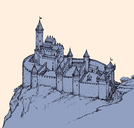 Stone wall Romanesque Fort and dungeon jail on rock hill. Fairy tale freehand ink drawn background sketch in art archaic style pen on paper. Plan structure top view with space for text on evening skyのイラスト素材