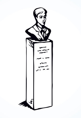 Aged classic marble religion cemetary rip site design on white yard place backdrop. Line black ink hand drawn politician funer logo pictogram in retro artistic doodle style pen on paper space for textのイラスト素材