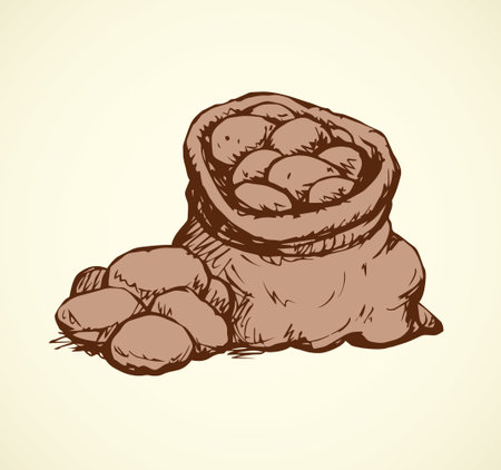 Big old heavy hessian cloth sac pouch with ripe tater root isolated on white backdrop. Freehand outline ink hand drawn picture sketch in art retro doodle style pen on paper and space for text on labelのイラスト素材