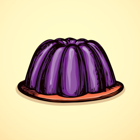 Big cute shiny lilac mold tasty soft berry flavor cool jell torte on plate isolated on white backdrop. Vibrant crimson color hand drawn picture sketch in art doodle graphic style with space for textのイラスト素材