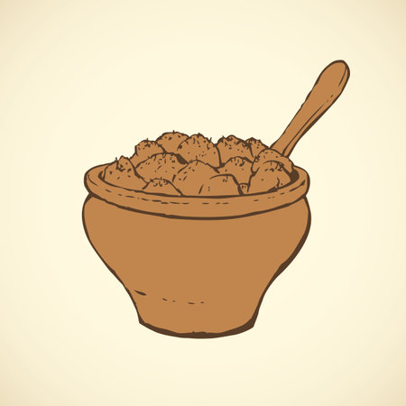 Obsolete jar and spoon with hot boiled pap squash isolated on white backdrop. Freehand outline ink hand drawn picture sketchy in art retro doodle style pen on paper. Close up view with space for textのイラスト素材