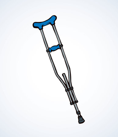 Modern blue color arm handle healthcare crook walker tool on white backdrop. Outline black ink hand drawn object logo emblem sketch in retro art doodle style. Closeup view with space for textのイラスト素材