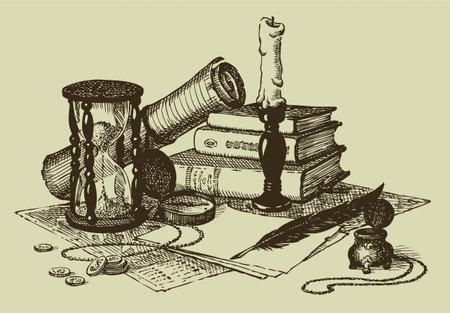 Vector geographic still life: map, compass, hourglass, books, a candle in a candlestick and a pen with inkのイラスト素材