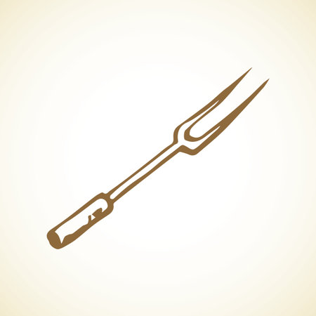 New long carve prick pitchfork plug rotisserie good isolated on white backdrop. Freehand outline brown ink hand drawn picture logo sketch in art engraving retro style pen on paper with space for textのイラスト素材