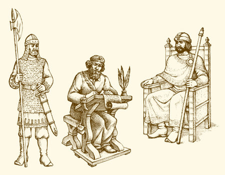 Portrait of noble great bearded aged czar monomakh of Kievan Rus sit on ornate chair, old chronicle monk author, armed defender. Freehand ink hand drawn picture sketch in art retro style pen on paperのイラスト素材