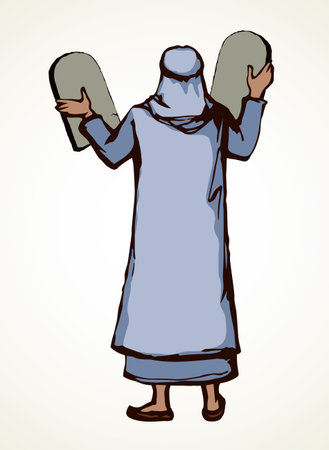 Antique israeli male spirit leader rabbi stand pray Lord arm up 10 rule sign icon logo. Vintage church art graphic line sketch cartoon talmud letter story. White east arab human back view robe costumeのイラスト素材
