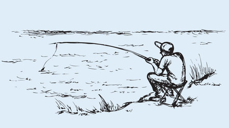 One adult healthy guy person at casual labor isolated on white water backdrop. Freehand outline black ink hand drawn picture sketchy in retro art scribble style pen on paper with space for text on skyのイラスト素材