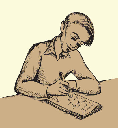 Handsome worker guy person sit at table desk on lecture isolated on white background. Cute happy youth. Freehand outline black ink handdrawn picture sketchy in art retro scribble cartoon graphic styleのイラスト素材