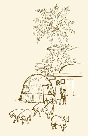 Past biblical babylon aged tropical rural tribe adobe. Early arabian peasant slave job ram breeding herd farm. Old clay mud abode, round thatch barn shelter. Outline draw picture sketch in retro styleのイラスト素材