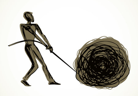 Male manager hold solve difficulty hard doubt decision skill job. Paper text space view. Outline black ink pen drawn flat fix woman play analogy big finance object. Retro art doodle style logo designのイラスト素材