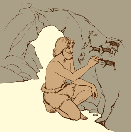 Outline doodle drawn image. Archaic aged male person in loincloth of fur animal skin draw in charcoal on rock wall of cavern grotto depict scrawl figure of life: hunters shoot bows arrow in deer herdのイラスト素材