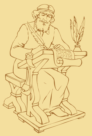 Vector outline drawing of an ancient chronicler with a pen and a sheet of parchment at his deskのイラスト素材