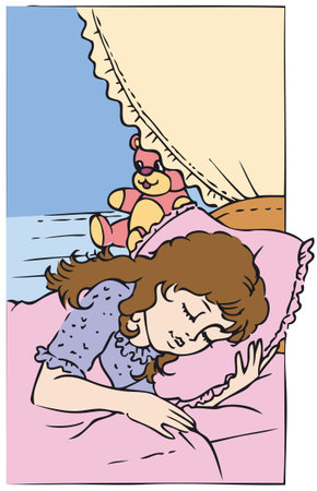 Vector illustration. The little girl in her crib sleeping sweet dreamのイラスト素材