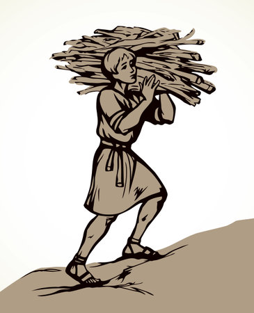 Antique asian strong arab human labor log fire fuel pile bundle. Line black drawn adult tired poor porter back jew farm slavery job active logo icon sign. Retro white biblic story art doodle cartoonのイラスト素材