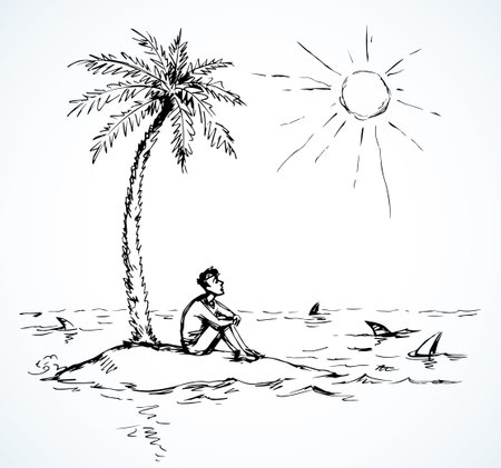 Old hungry sad wait sit white sunny sky text space. Outline black hand drawn doom shark strand sos concept logo icon sign scene. Retro art doodle line fun comic cartoon style funny trip scenic viewのイラスト素材