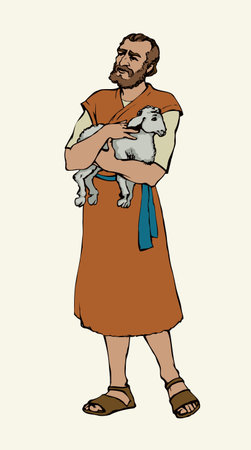 Adult beard retro antique medieval nomad herdsman hold little fluffy goat pet in judaic biblic garment robe, boots. Lone hand drawn logo pictogram icon sign in art vintage style on white backgroundのイラスト素材