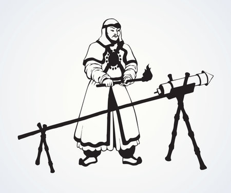 Aged male general hero with ethnic cloth hat uniform, bow arrow, powder dynamite isolated on white paper background. Line black ink hand drawn forces symbol icon sign sketch in art retro cartoon styleのイラスト素材