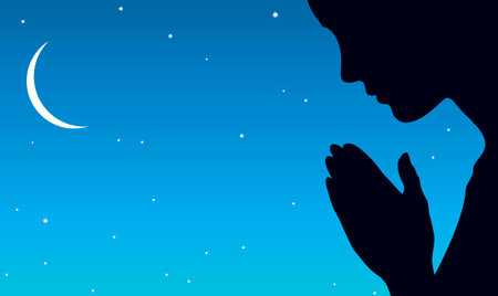 Lone young evangelic pious kneel sorrow mourn pretty lady ask Lord Jesus Christ on dark silence grace space for text. Black side arm purity express icon on blue starry copyspace banner frame backdropのイラスト素材