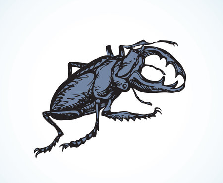 Big cute crawly lucanid stagbeetle on light backdrop. Freehand dark outline ink hand drawn insecta logo emblem sketchy in retro art doodle etch style pen on paper space for text. Close up detail viewのイラスト素材
