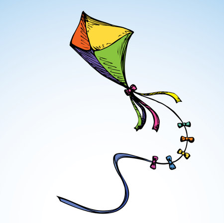 New cute kid tethered bow wing isolated on white backdrop. Freehand vibrant multi color hand drawn picture sign sketchy in art retro scribble style. Closeup view with space for text on heavenのイラスト素材