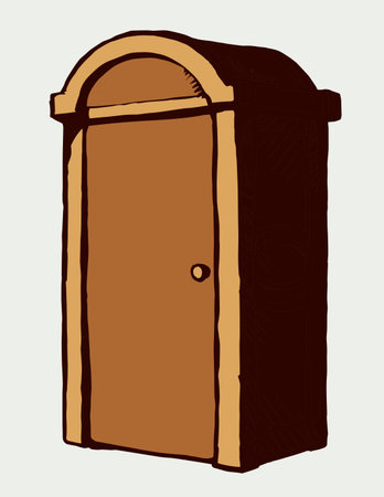 Clean brown pee cubicle stall gear set on white paper text space. Bright beige color hand drawn camp event poop waste hygiene bin box logo pictogram sign in art modern doodle style. Close up line viewのイラスト素材