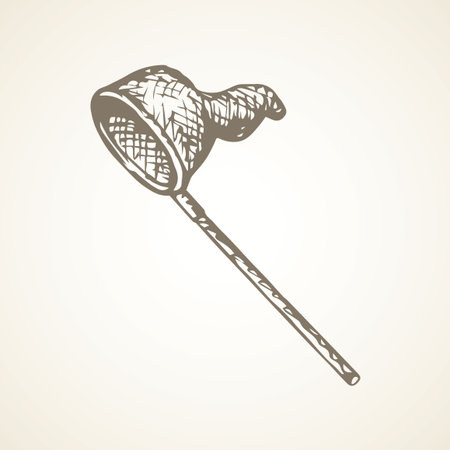 Big empty aerial sweep reticle catcher isolated on white backdrop. Freehand linear black ink hand drawn picture logo sketchy in art retro scribble style pen on paper. Closeup view with space for textのイラスト素材