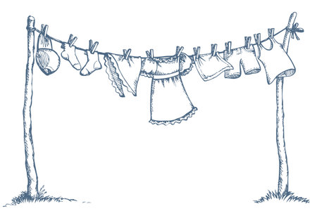 Group of wash clothing on clothesline stretched over two wooden sticks with copyspace on sky. Vector monochrome freehand ink drawn background sketchy in art scribble style pen on paper with space for textのイラスト素材