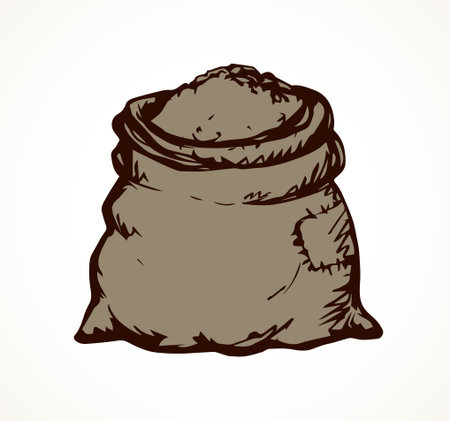 Big old heavy hessian cloth sac pouch with ripe tater root isolated on white backdrop. Freehand outline ink hand drawn picture sketch in art retro doodle style pen on paper and space for text on labelのイラスト素材