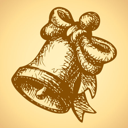 Ringing a golden bell tied with a lush bow. Vector monochrome freehand ink drawn background sketchy in art scribble antiquity style pen on paper with space for textのイラスト素材