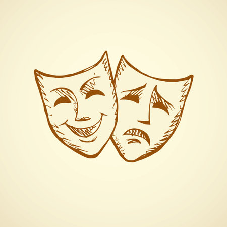 Two ancient traditional greek game human masks costume isolated on white background. Freehand outline ink hand drawn concept picture sign sketchy in retro artistic doodle graphic style pen on paperのイラスト素材