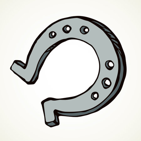 Rough big forged footwear hang on light barn wall text space backdrop. Linear dark ink color hand drawn west st rural emblem in ancient doodle engrave etch outline paper print style. Close up top viewのイラスト素材