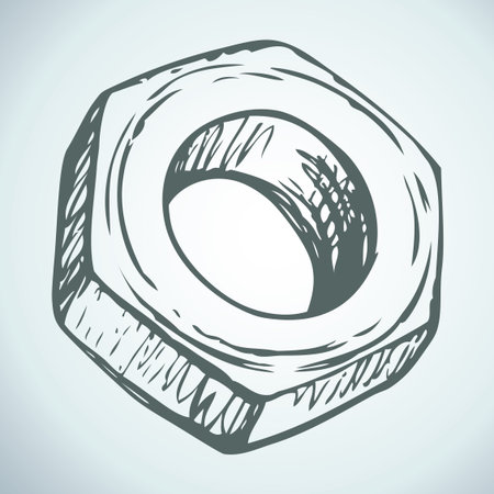 New big zinc supporting capscrew for tighten diy mounting isolated on white background. Linear freehand ink drawn symbol sketchy in art scrawl style pen on paper. View closeup with space for textのイラスト素材