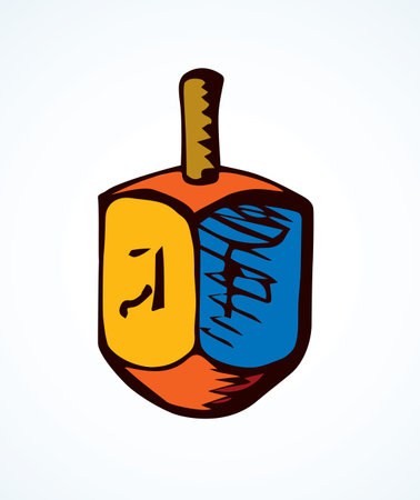 Ethnic judaic chanukkah draydl on white table. God torah nun chanukah gimel dreydl logo. Holy jew hanukah dreidle text card. Bright color hand drawn zion hannukah in retro art sevivon cartoon styleのイラスト素材