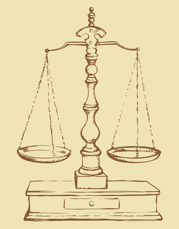 Scales of Justice. Vector grunge freehand linear ink drawn sketchy backdrop in art antiquity scribble style pen on paper. View close-up with space for textのイラスト素材