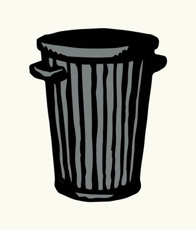 Closeup view big old grunge open empty plastic trashbin set. White paper text space retro art doodle style. Outline black ink hand drawn large eco bio utilize tin lid mobile service emblem logo designのイラスト素材