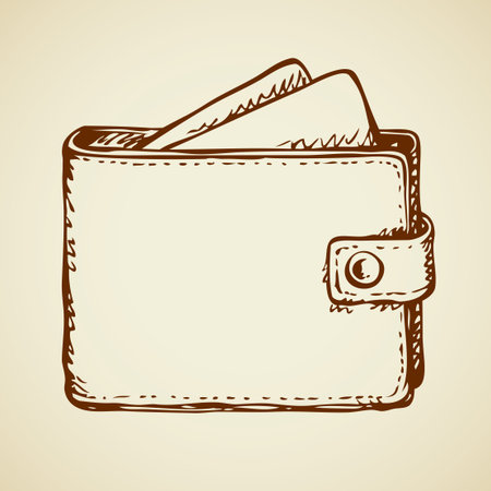 Old stylish leatherette trendy billfold bag border isolated on white backdrop. Freehand outline ink hand drawn picture icon sketch in art retro scrawl style pen on paper. Closeup with space for textのイラスト素材