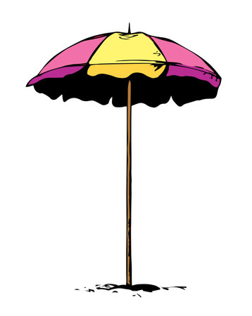 Big open hotel canopy stand on light pool space for text. Bright color hand drawn tropic trip seashore hot camp picnic tan fold tent object logo emblem pictogram sketchy in art retro doodle styleのイラスト素材